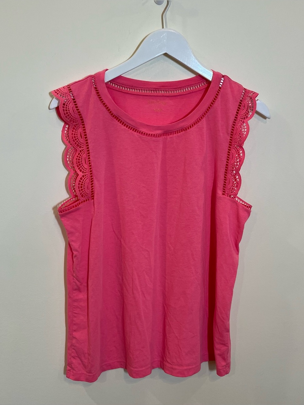 Lilly Pulitzer Pink Sleeveless Lace Trim Tank Top Round Neck Knit Cotton Large